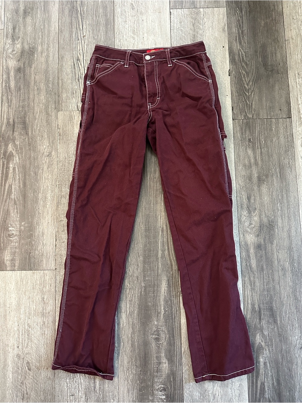 Dickies Women's Straight Leg Jeans in Burgundy with White Stitching